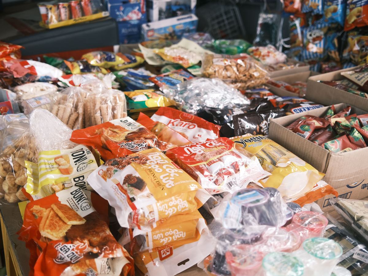 Packaged confectionery and sweets at a market stall